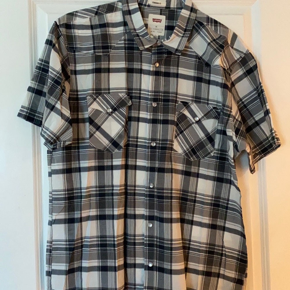 Levi snap shirt, blue/gray/white